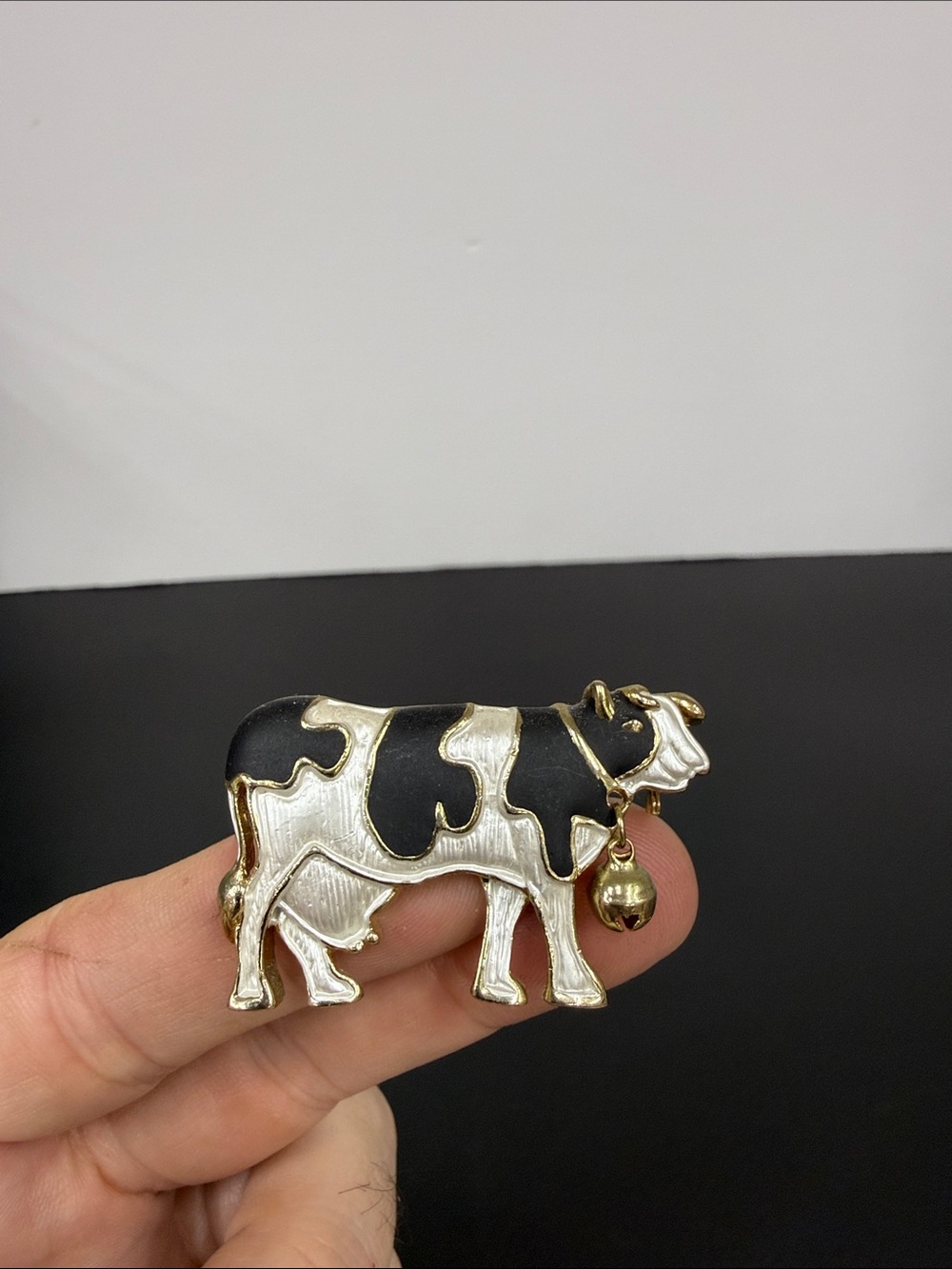 Gold-Tone Black & White Cow Brooch with Bell Charm